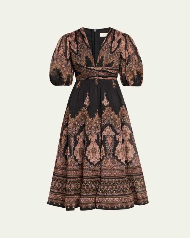 Pleated Puff-Sleeve Midi Dress